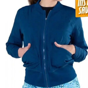 ! Jofit Women's navy Blue Full Zip Long Sleeve Mesh Bomber Rib Trim Jack…